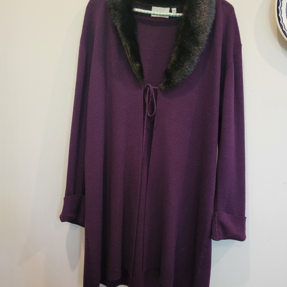 Womans Maggie Fine Knit Stylish Long Sweater Coat Faux Fur Collar L - Picture 4 of 10